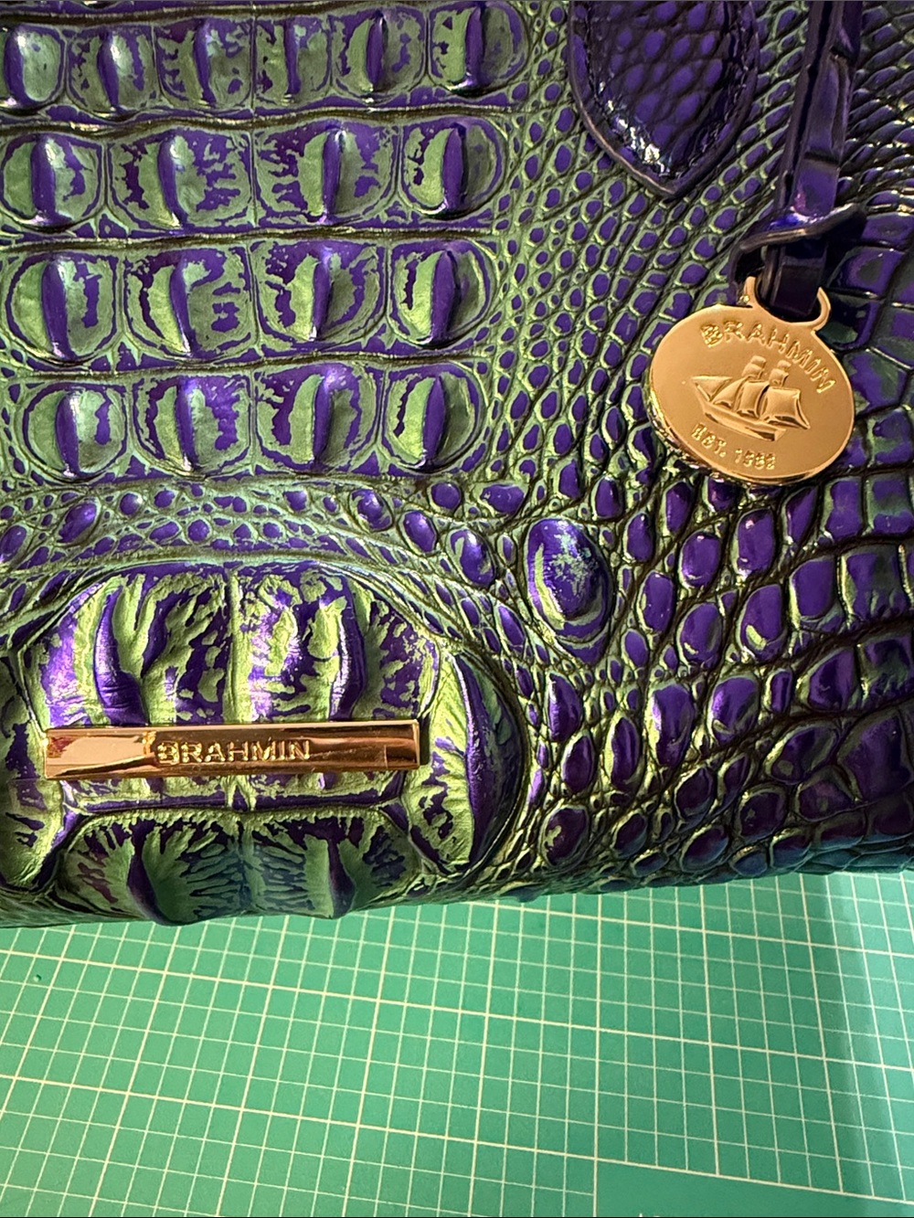 Brahmin Iridescent Purple and Green Croc-Embossed Satchel - Picture 2 of 6